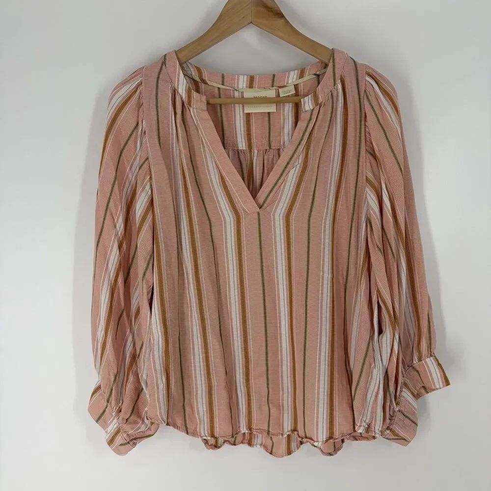 Maeve Anthropologie Top Medium Brenda Pink Striped Balloon Sleeve V Neck Shirt